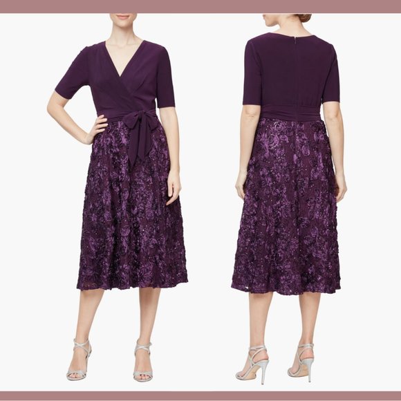 NEW $219 Alex Evenings [ 10 ] Mixed Media Sequined Rosette Midi Dress Eggplant‎ - Picture 1 of 14